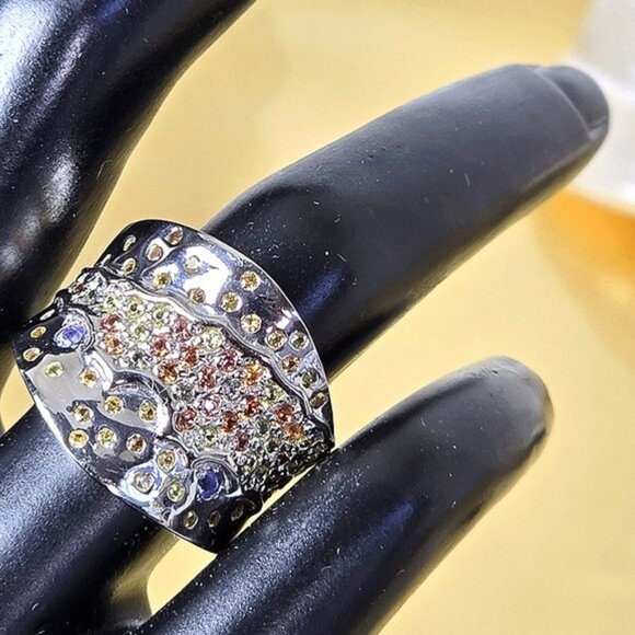 925 Sterling‎ Silver Ring Siz 7.5 with Natural Yellow Sapphire & Tanzanite Gems - Picture 6 of 10